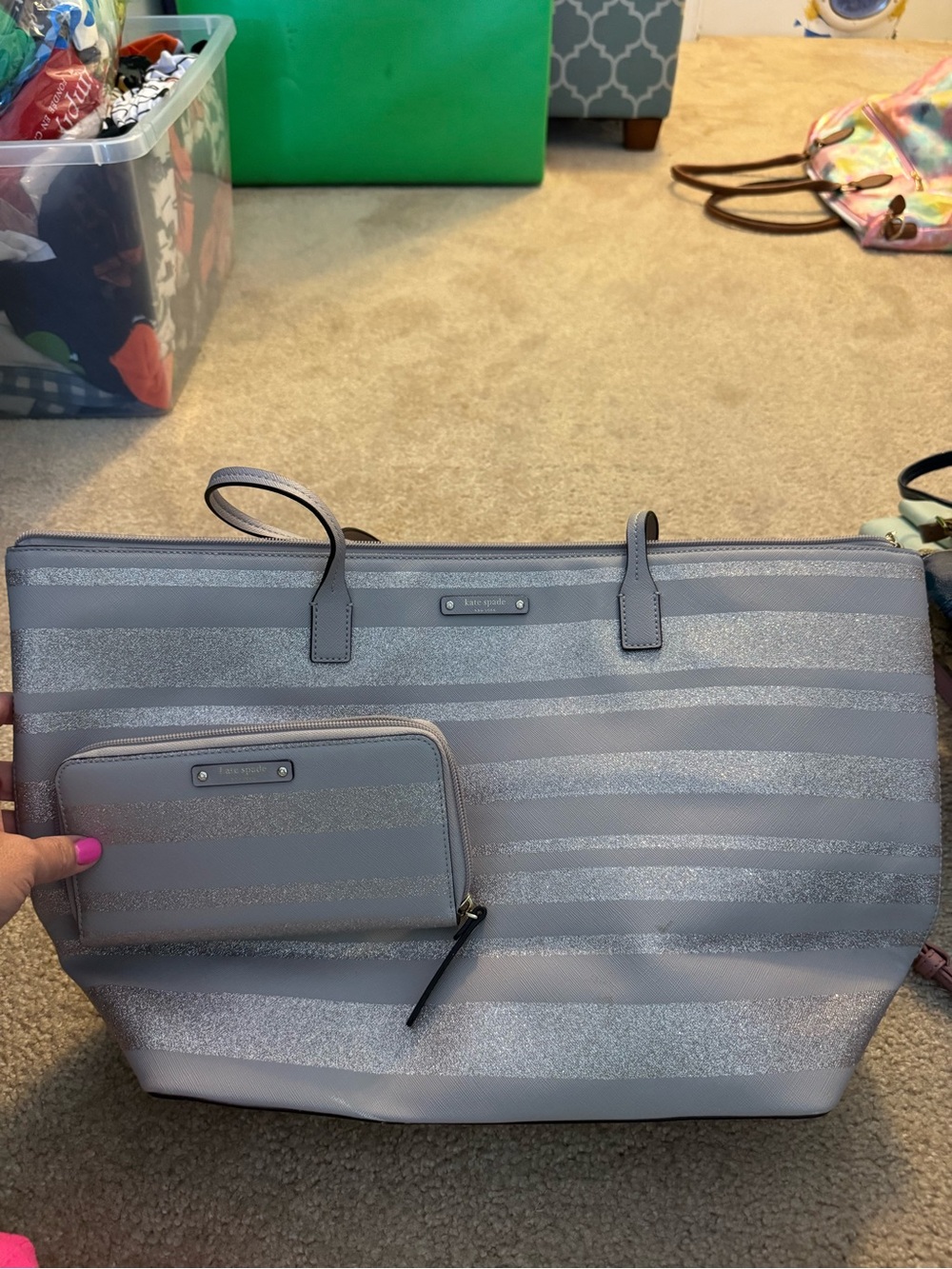 kate spade Silver Gray Striped Tote with Matching Pouch